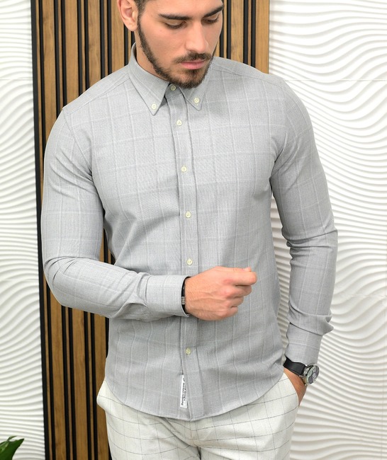 Κομψό βαμβακερό ανδρικό πουκάμισο σε γκρι καρό πυκνό ύφασμα 