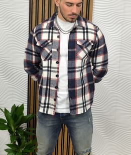 Ανδρικό καρό flannel πουκάμισο με δύο τσέπες σε μπλε και καφέ
