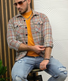 Ανδρικό καφέ χοντρό καρό πουκάμισο lumberjack