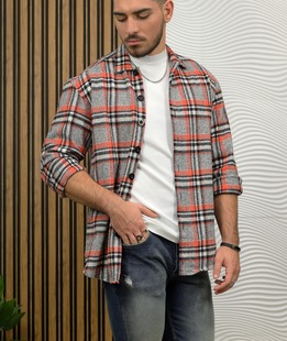 Oversize μπάρχετ ανδρικό καρό πουκάμισο σε πορτοκαλί χρώμα