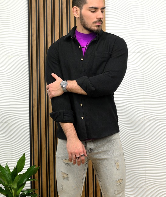 Χειμερινό μονόχρωμο ανδρικό πουκάμισο σε μαύρο χρώμα