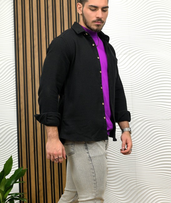 Χειμερινό μονόχρωμο ανδρικό πουκάμισο σε μαύρο χρώμα