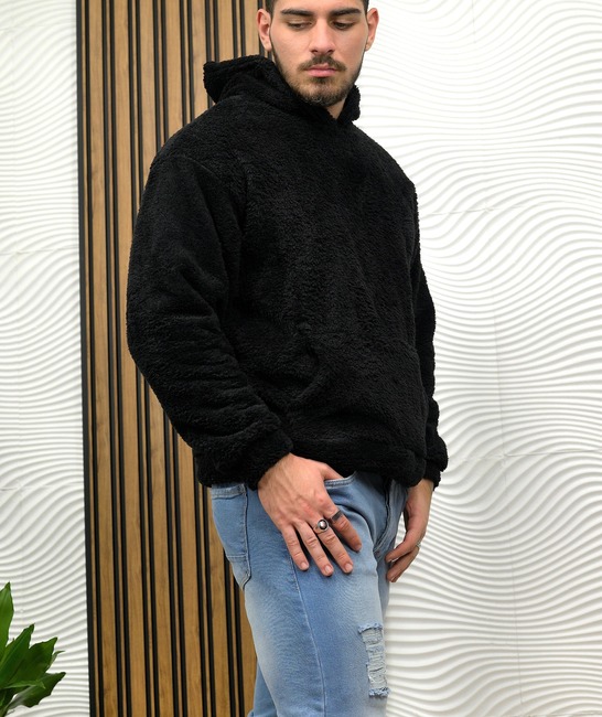 Ανδρική μαύρη βελούδι unisex hoodie με κουκούλα