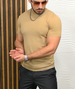Μπεζ ανδρική κοντομάνικη μπλούζα 