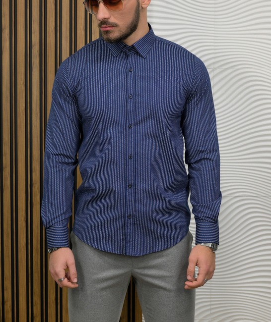 Αμπιγέ πουκάμισο με λεπτή κυκλική ρίγα σε σκούρο μπλε