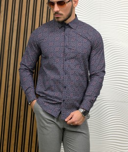Κομψό πουκάμισο σε σκούρο μπλε σε γκρι στοιχεία