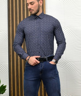 Μπλε ναυτικό μακρυμάνικο πουκάμισο με σχέδιο paisley