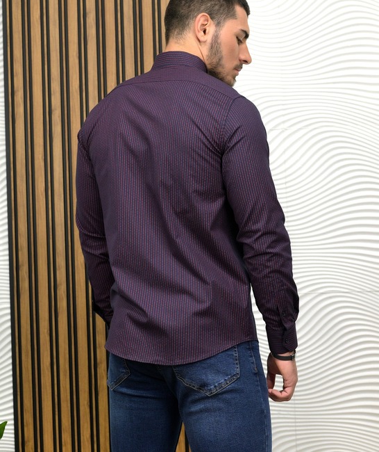 Ριγέ βαμβακερό πουκάμισο με μικρούς κύκλους σε μπορντό χρώμα
