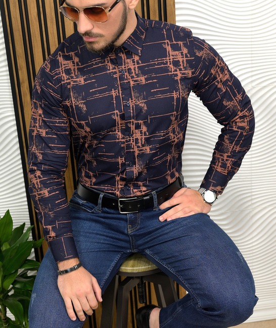 Ανδρικό πουκάμισο σε καφέ χρώμα grunge effect με μακριά μανίκια