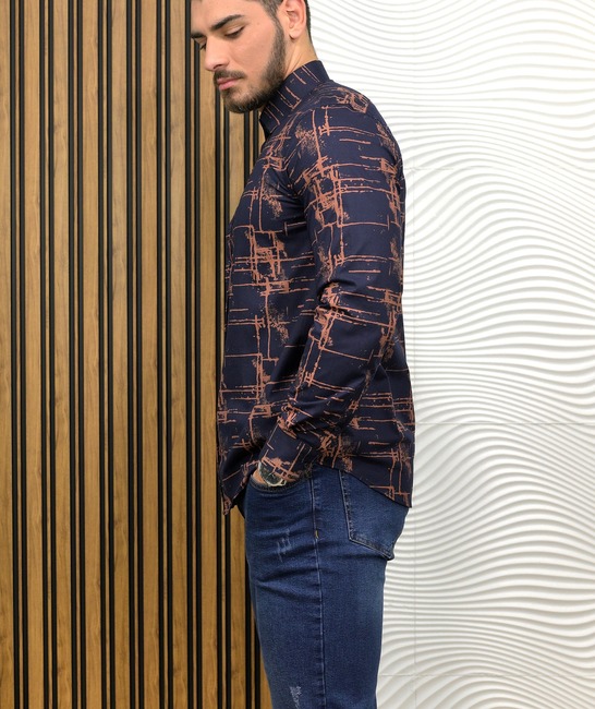 Ανδρικό πουκάμισο σε καφέ χρώμα grunge effect με μακριά μανίκια