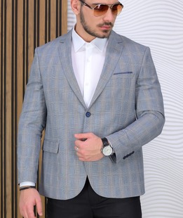 Αμπιγέ ανδρικό καρό σακάκι σε μπλε χρώμα Regular Fit