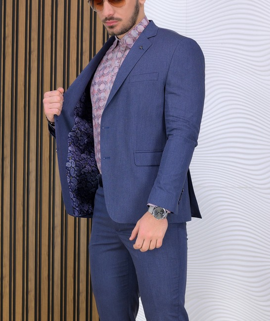 Premium ανδρικό κοστούμι από ανάγλυφο ύφασμα μπλε χρώμα 