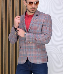 Γκρι μπορντό καρό σακάκι με δύο κουμπιά 