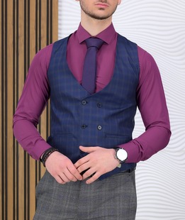 Μπλε ναυτικό καρό γιλέκο με τσέπες φιλέτο