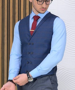 Κομψό ανδρικό casual καρό γιλέκο σε μπλε χρώμα