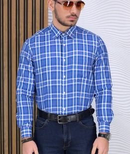 Μπλε μοντέρνο ανδρικό καρό πουκάμισο με τσέπη