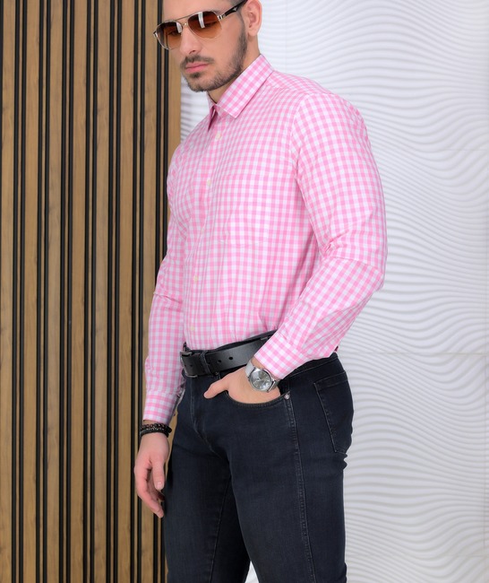 Ροζ και λευκό καρό πουκάμισο Regular Fit με τσέπη