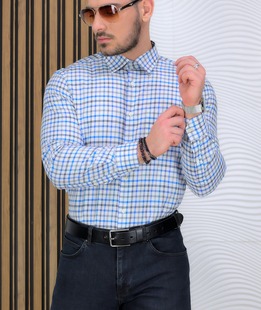 Εκλεπτυσμένο ανδρικό μπλε και μαύρο καρό πουκάμισο με τσέπη