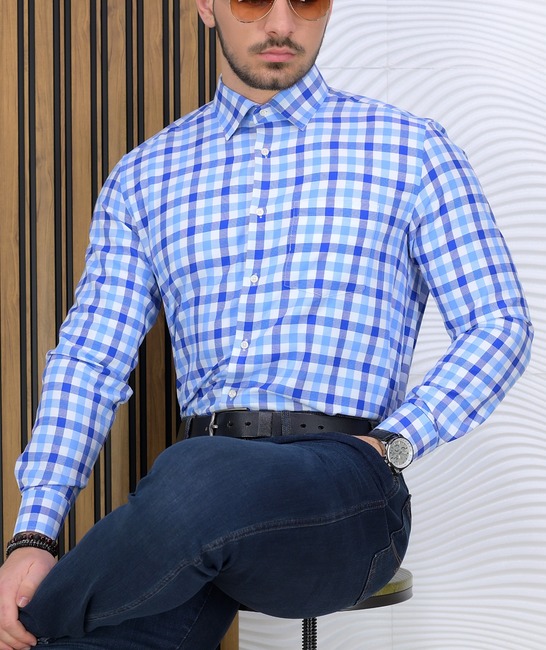 Καρό μοντέρνο ανδρικό πουκάμισο με τσέπη σε μπλε χρώμα