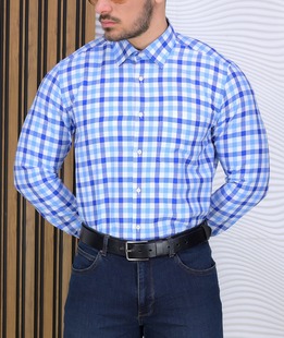 Καρό μοντέρνο ανδρικό πουκάμισο με τσέπη σε μπλε χρώμα