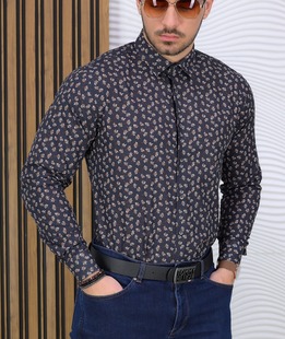 Εφαρμοσμένο μαύρο φλοράλ βαμβακερό ανδρικό πουκάμισο