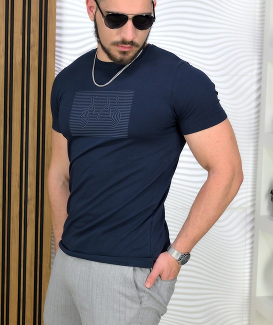 Σκούρο μπλε Slim Fit Casual t-shirt με απλικέ 