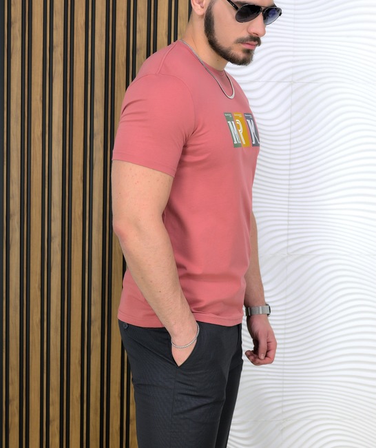 Ανδρικό μοντέρνο t-shirt Slim Fit σε σομόν χρώμα