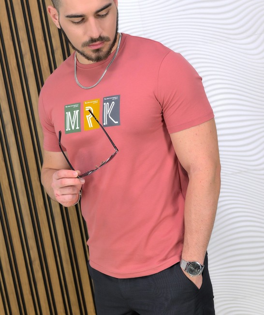 Ανδρικό μοντέρνο t-shirt Slim Fit σε σομόν χρώμα