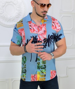 Μπλε ανδρικό κοντομάνικο πουκάμισο 