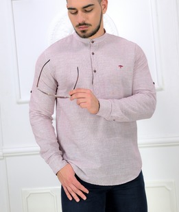 Ανδρικό μοντέρνο πουκάμισο χωρίς γιακά με κουμπιά σε μπορντό