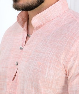 Λινό ανδρικό πουκάμισο με γιακά σε ροδακινί χρώμα