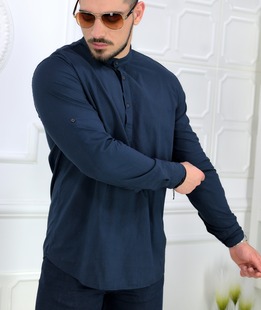 άνετο μπλε ναυτικό πουκάμισο με γιακά μάο άνετο μπλε ναυτικό πουκάμισο με γιακά μάο