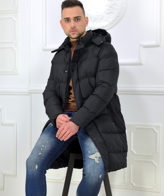 Μακρύ ανδρικό puffer jacket με αποσπώμενη κουκούλα