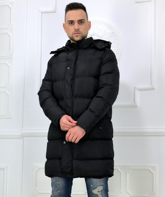 Μακρύ ανδρικό puffer jacket με αποσπώμενη κουκούλα