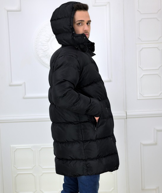 Μακρύ ανδρικό puffer jacket με αποσπώμενη κουκούλα